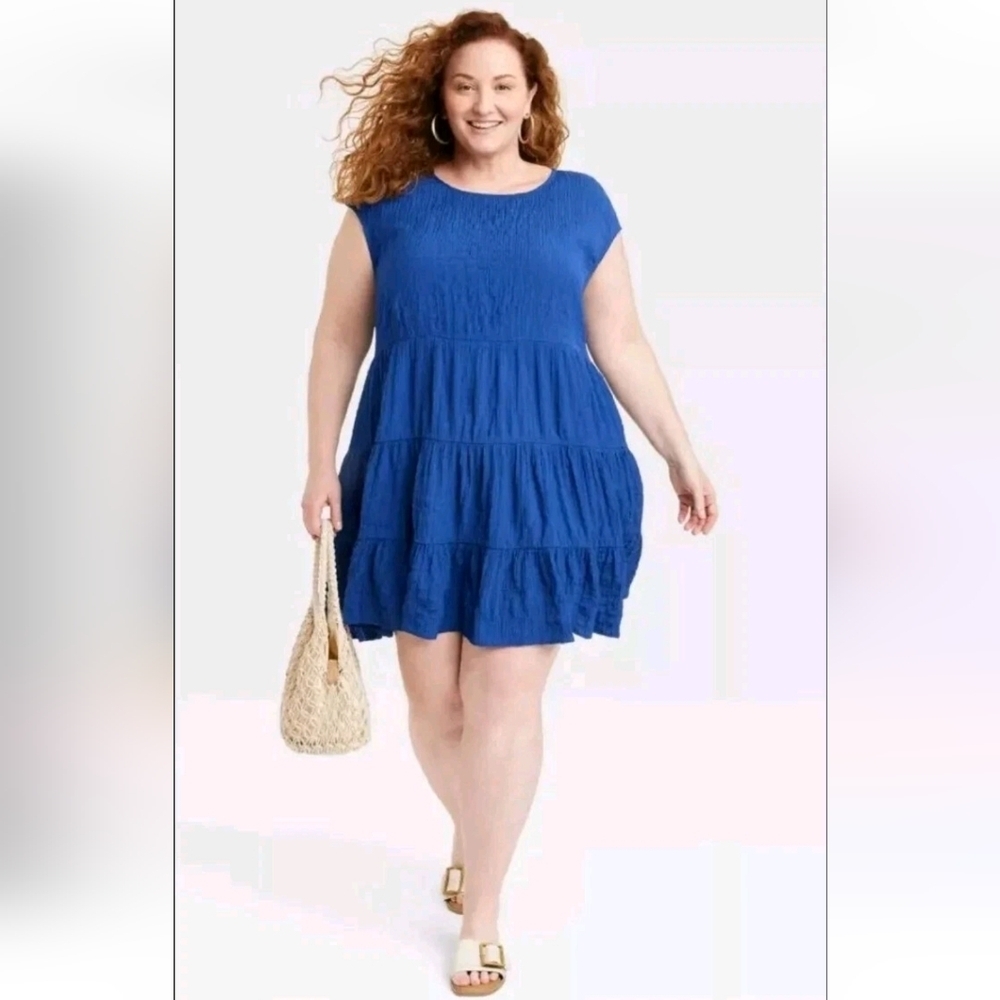 Knox Rose Mini Dress Crinkle Gauze Tiered Short Sleeves Prairie Blue Size XL